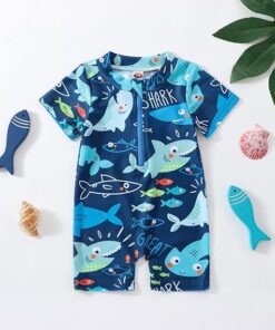 Baby Boys Cartoon Print One Piece Swimsuit with Sun Protection