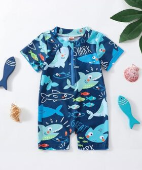 Baby Boys Cartoon Print One Piece Swimsuit with Sun Protection