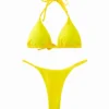 Front flat-lay view of a yellow twist-tie triangle bikini set with halter neck and side-tie bottoms.