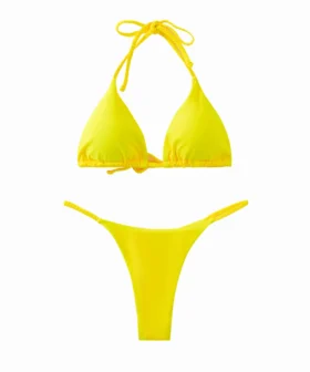 Front flat-lay view of a yellow twist-tie triangle bikini set with halter neck and side-tie bottoms.