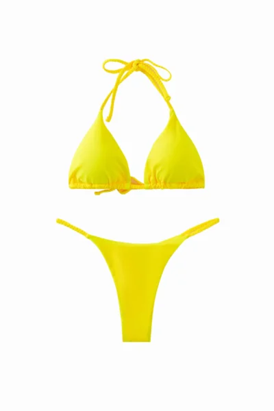 Front flat-lay view of a yellow twist-tie triangle bikini set with halter neck and side-tie bottoms.