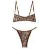 Front flat-lay of a zebra print bikini set with thin brown shoulder straps and side-tie bottoms on a white background.