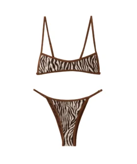 Front flat-lay of a zebra print bikini set with thin brown shoulder straps and side-tie bottoms on a white background.
