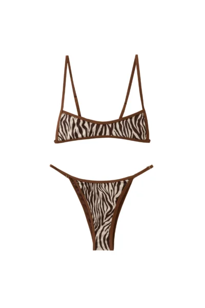 Front flat-lay of a zebra print bikini set with thin brown shoulder straps and side-tie bottoms on a white background.