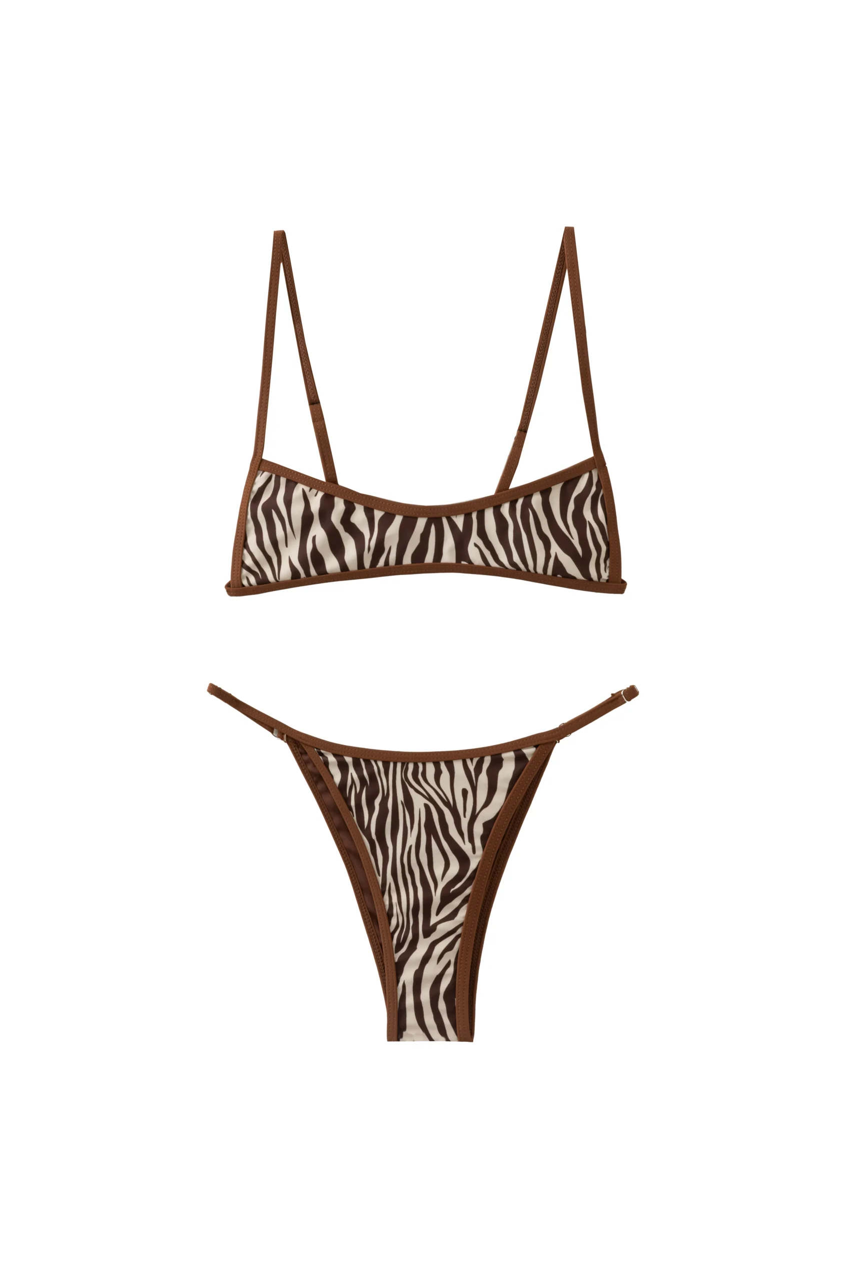 Front flat-lay of a zebra print bikini set with thin brown shoulder straps and side-tie bottoms on a white background.