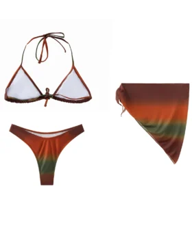 Front flat-lay view of a 3-piece ombre bikini set featuring a triangle halter top, high-cut bottom, and matching mesh sarong skirt in earthy rust and olive tones.