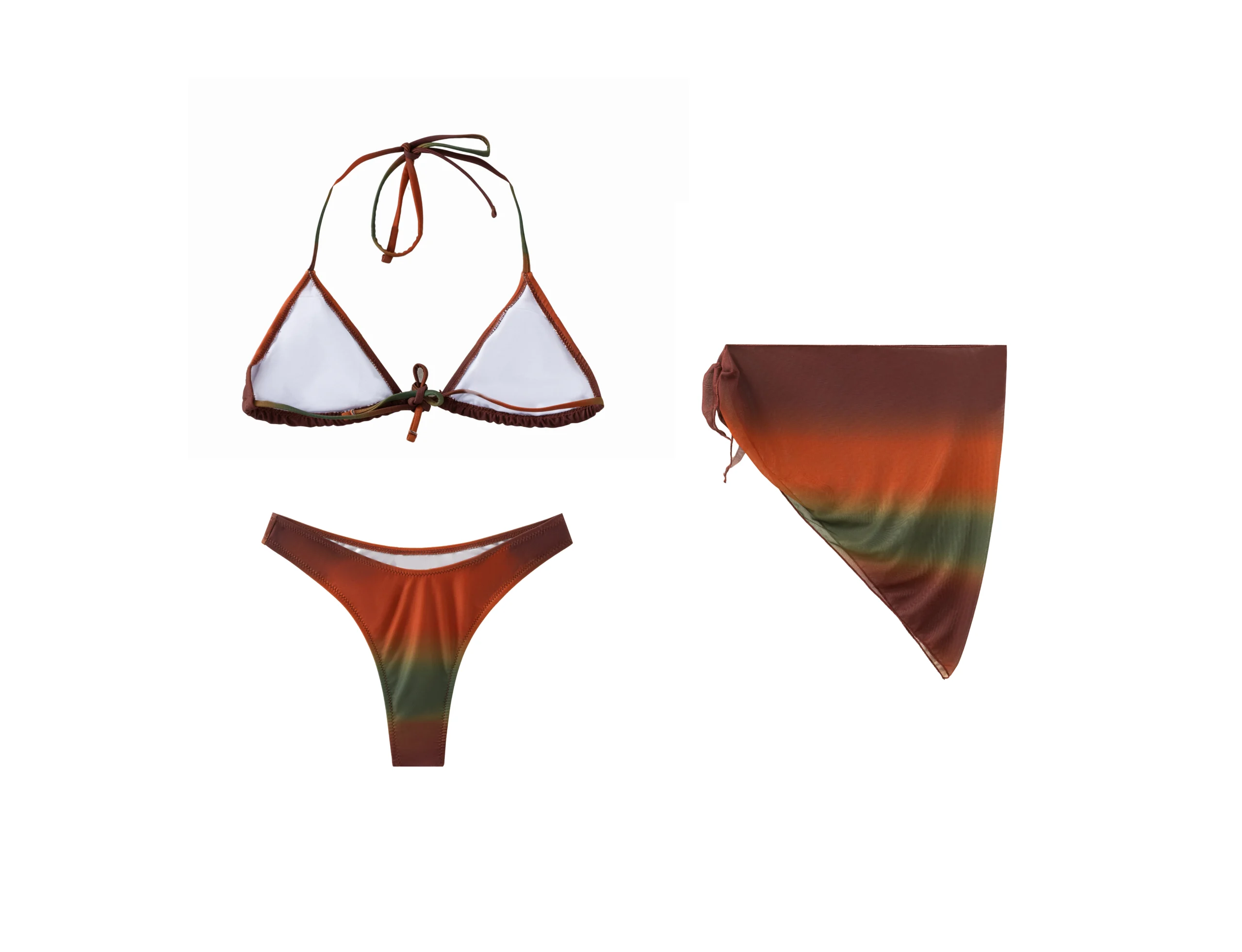 Front flat-lay view of a 3-piece ombre bikini set featuring a triangle halter top, high-cut bottom, and matching mesh sarong skirt in earthy rust and olive tones.