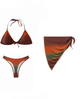 Front view of a 3-piece earthy ombre bikini set showing the solid outer fabric of the top, bottom, and matching side-tie sarong.