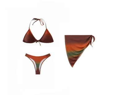 Front view of a 3-piece earthy ombre bikini set showing the solid outer fabric of the top, bottom, and matching side-tie sarong.