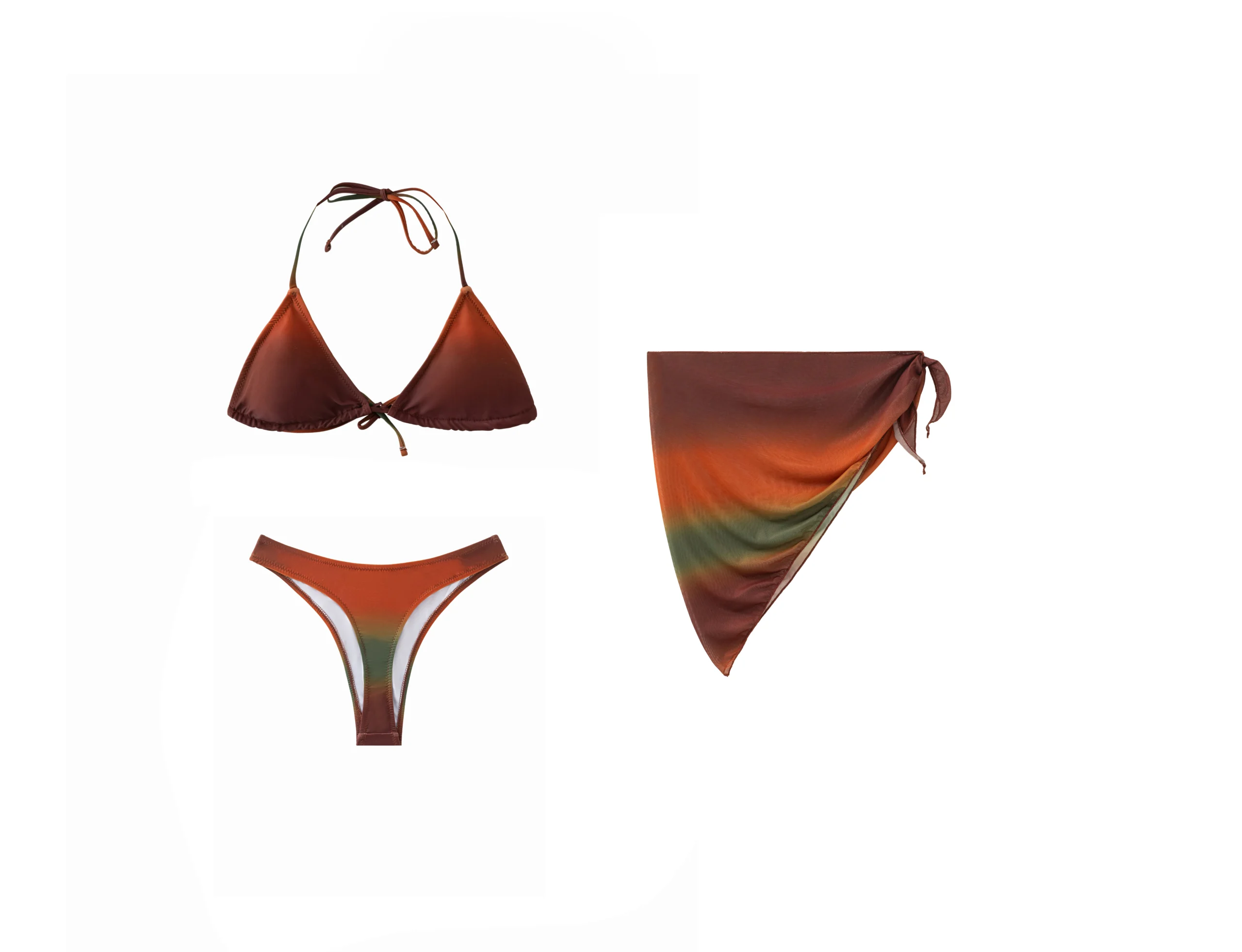 Front view of a 3-piece earthy ombre bikini set showing the solid outer fabric of the top, bottom, and matching side-tie sarong.