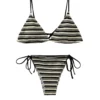 Back flat-lay view of a black and white striped triangle bikini set with solid white lining, black straps, and side-tie bottoms.