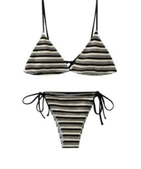 Back flat-lay view of a black and white striped triangle bikini set with solid white lining, black straps, and side-tie bottoms.
