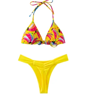 Front view of a yellow bikini set with a colorful patterned triangle top and solid yellow ruched bottoms.