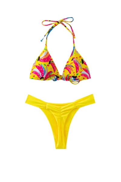Front view of a yellow bikini set with a colorful patterned triangle top and solid yellow ruched bottoms.