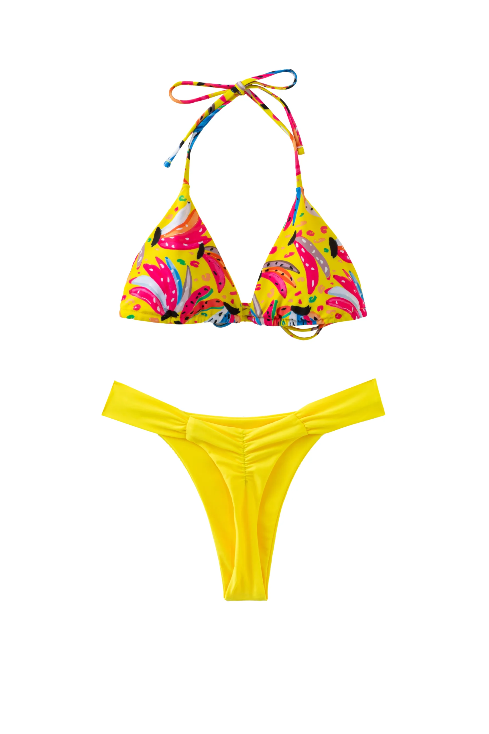 Front view of a yellow bikini set with a colorful patterned triangle top and solid yellow ruched bottoms.
