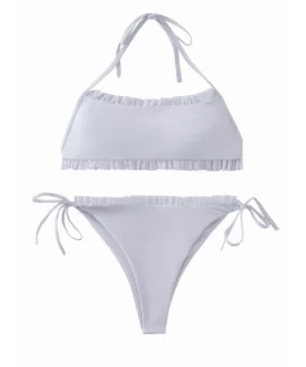 Front flat-lay of a solid white two-piece bikini set with ruffle edges and thin string ties.