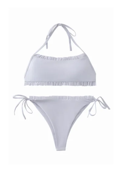 Front flat-lay of a solid white two-piece bikini set with ruffle edges and thin string ties.