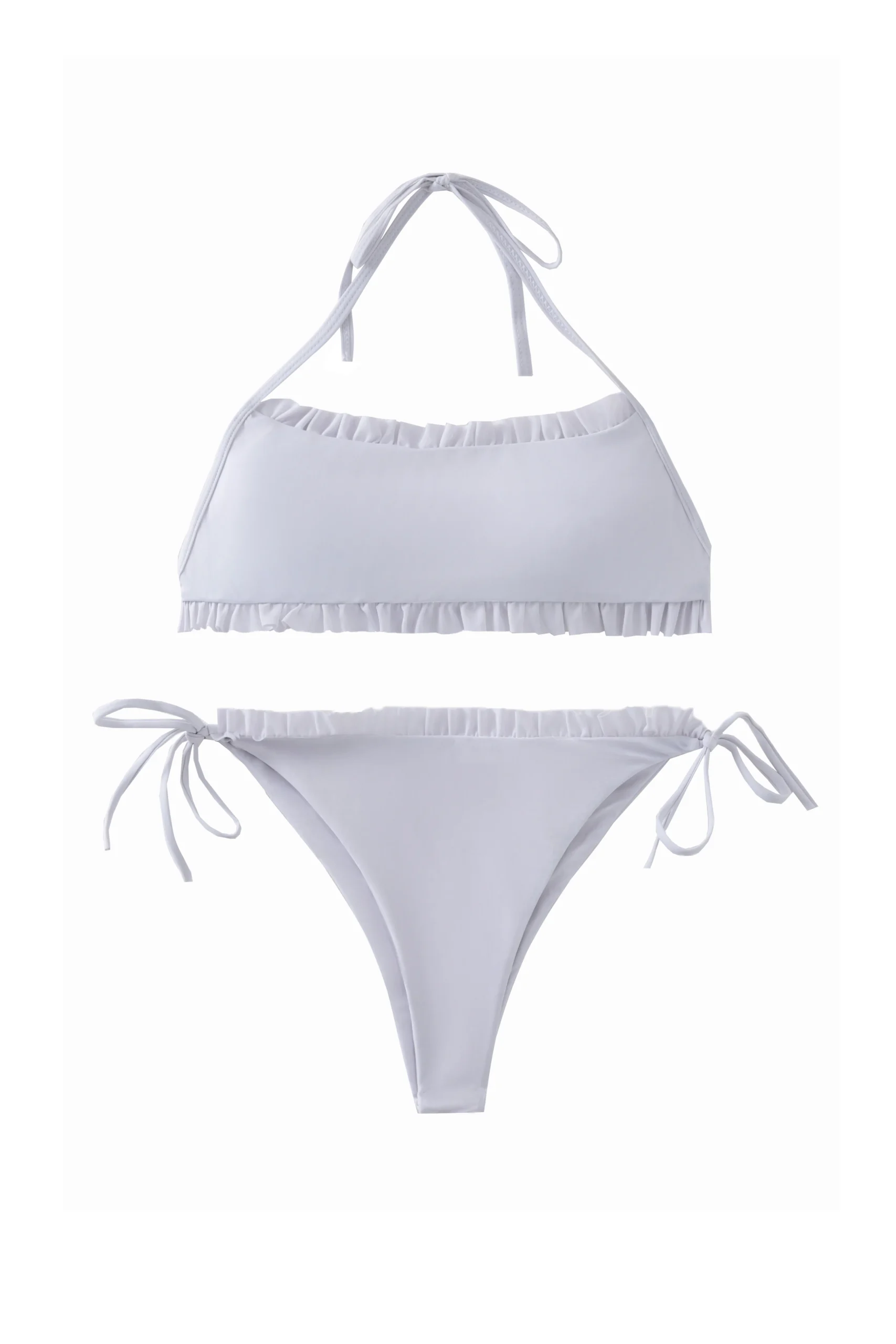 Front flat-lay of a solid white two-piece bikini set with ruffle edges and thin string ties.