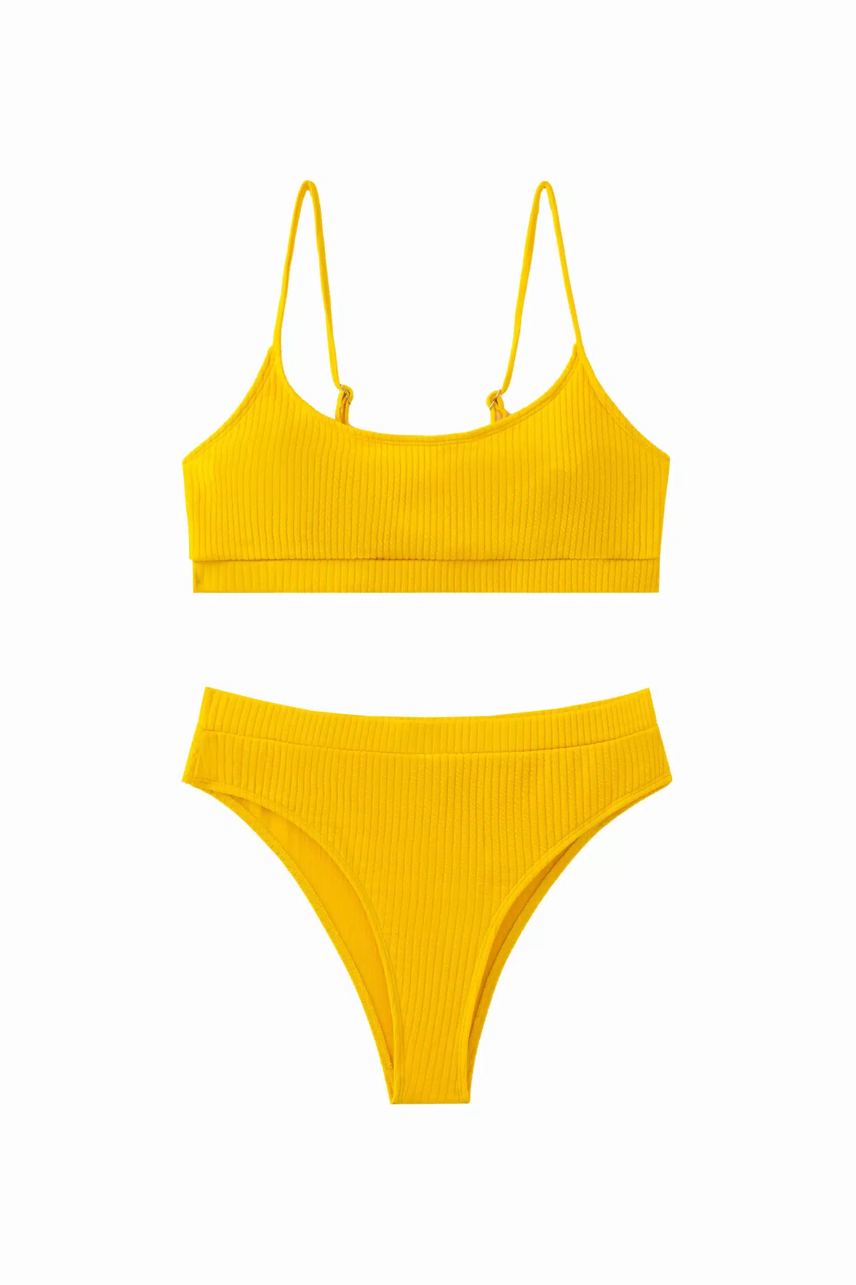 Full front flat-lay view of a solid yellow ribbed two-piece bikini set with thin straps on a white background.