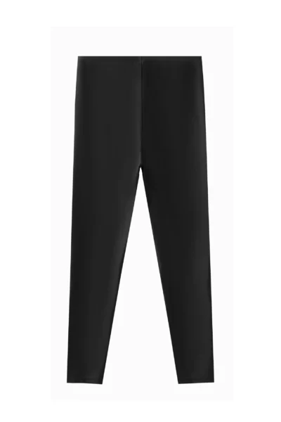 Back flat-lay view of the black long-sleeve swimsuit top with floral raglan sleeves and peplum waist, paired with matching solid black leggings.