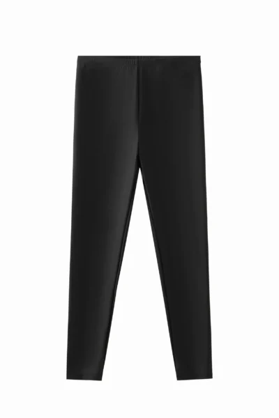 Full front view of the black modest swimsuit set, displaying the front zipper, floral raglan sleeves, peplum top, and matching leggings.