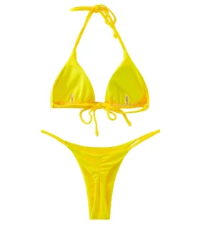 Back flat-lay view of a yellow triangle bikini set, showing the back closure details and ruched fabric.