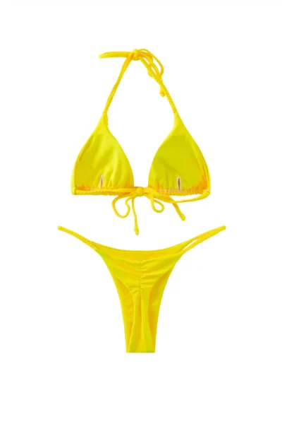 Back flat-lay view of a yellow triangle bikini set, showing the back closure details and ruched fabric.