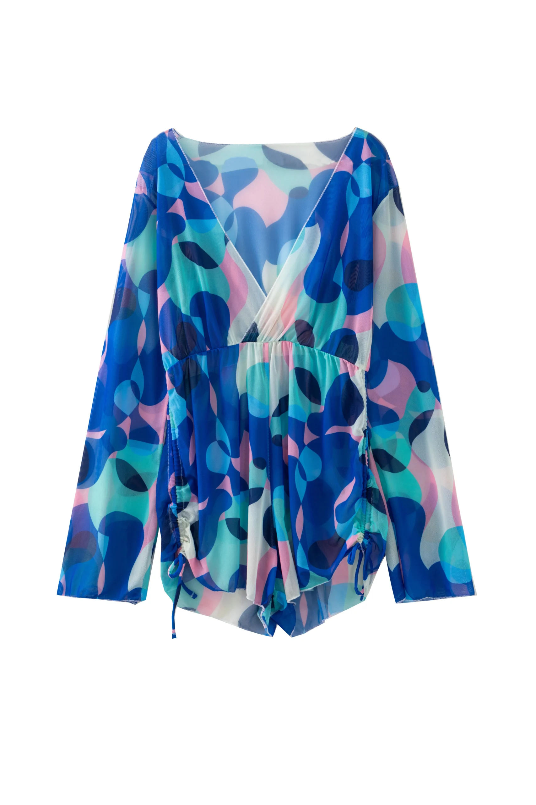 Front flat-lay of a long-sleeve cover-up with a geometric abstract print, paired with a matching halter triangle bikini top and bottom.