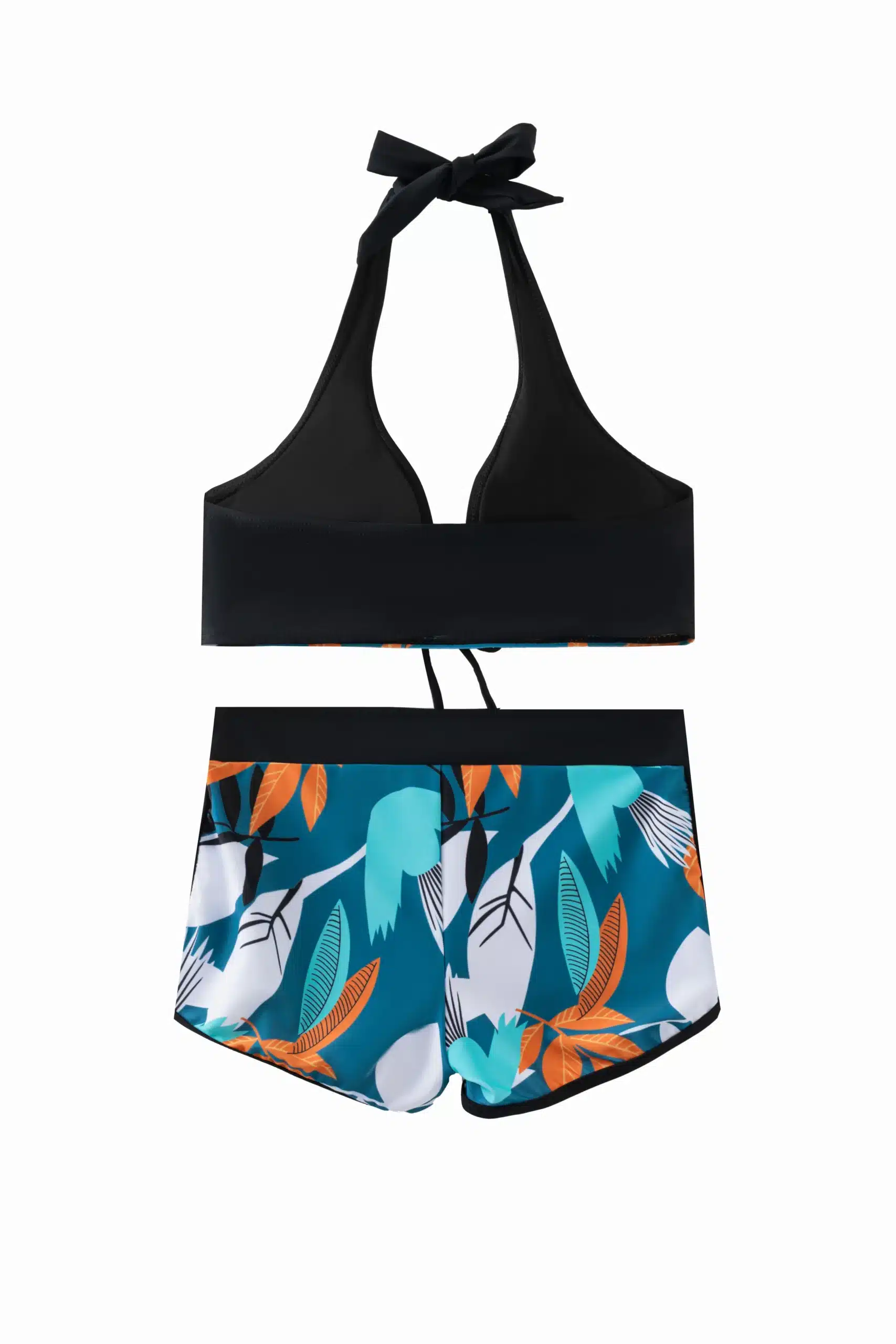 Front flat-lay view of a pale yellow smocked bikini set featuring two blue sequin starfish patches, one on the right top cup and one on the right short leg.