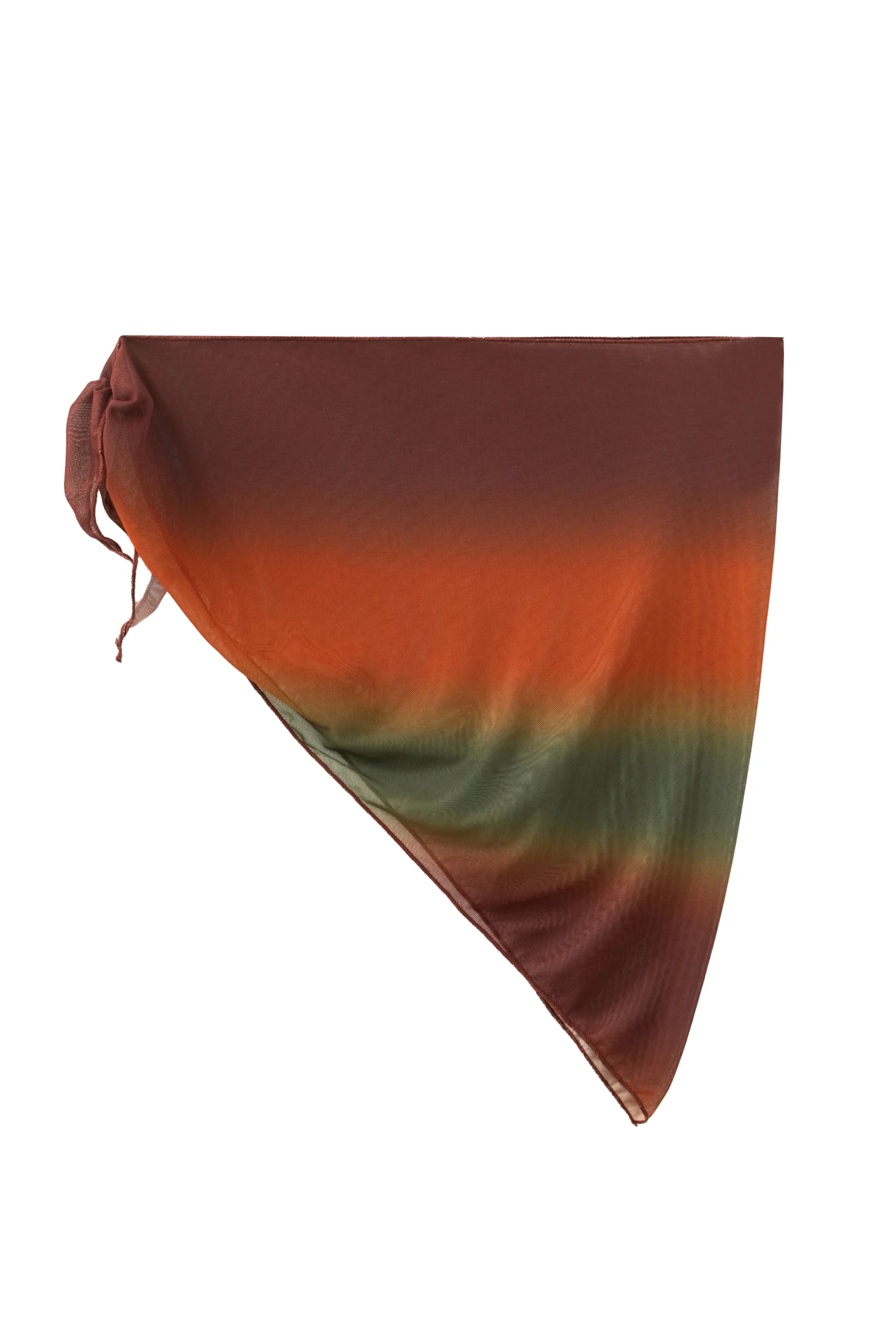 Front view of a triangular ombre mesh sarong skirt with side tie strings on a white background.
