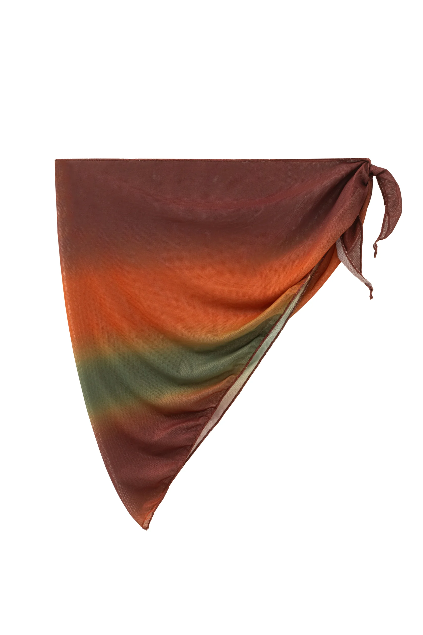 Back view of a triangular ombre mesh sarong skirt, showing the side tie strings and folded hem.