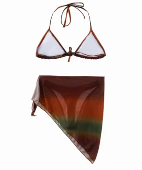 Front flat-lay of the 3-piece ombre bikini set showing the white inner lining of the top and the mesh sarong layered on top