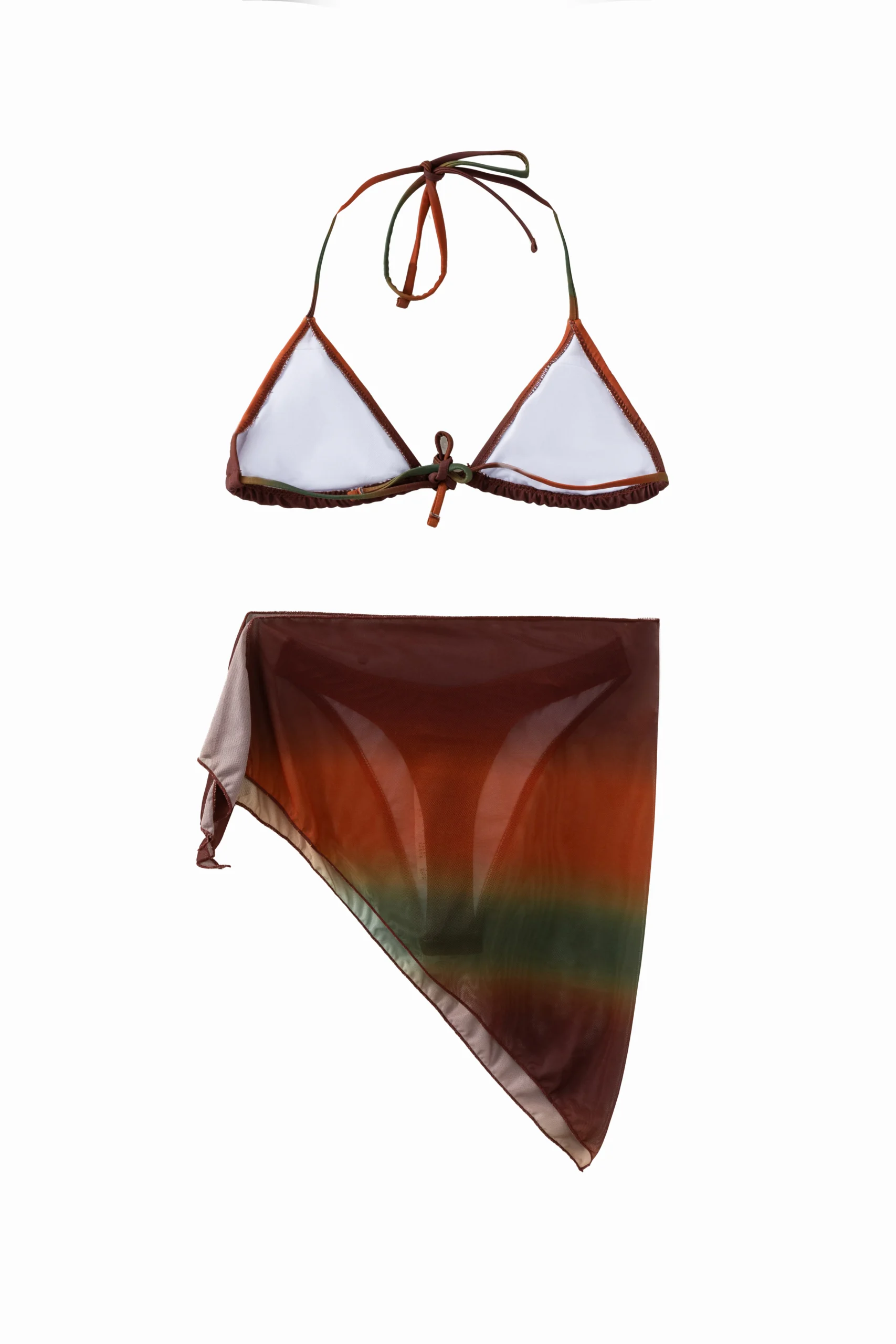 Front flat-lay of the 3-piece ombre bikini set showing the white inner lining of the top and the mesh sarong layered on top