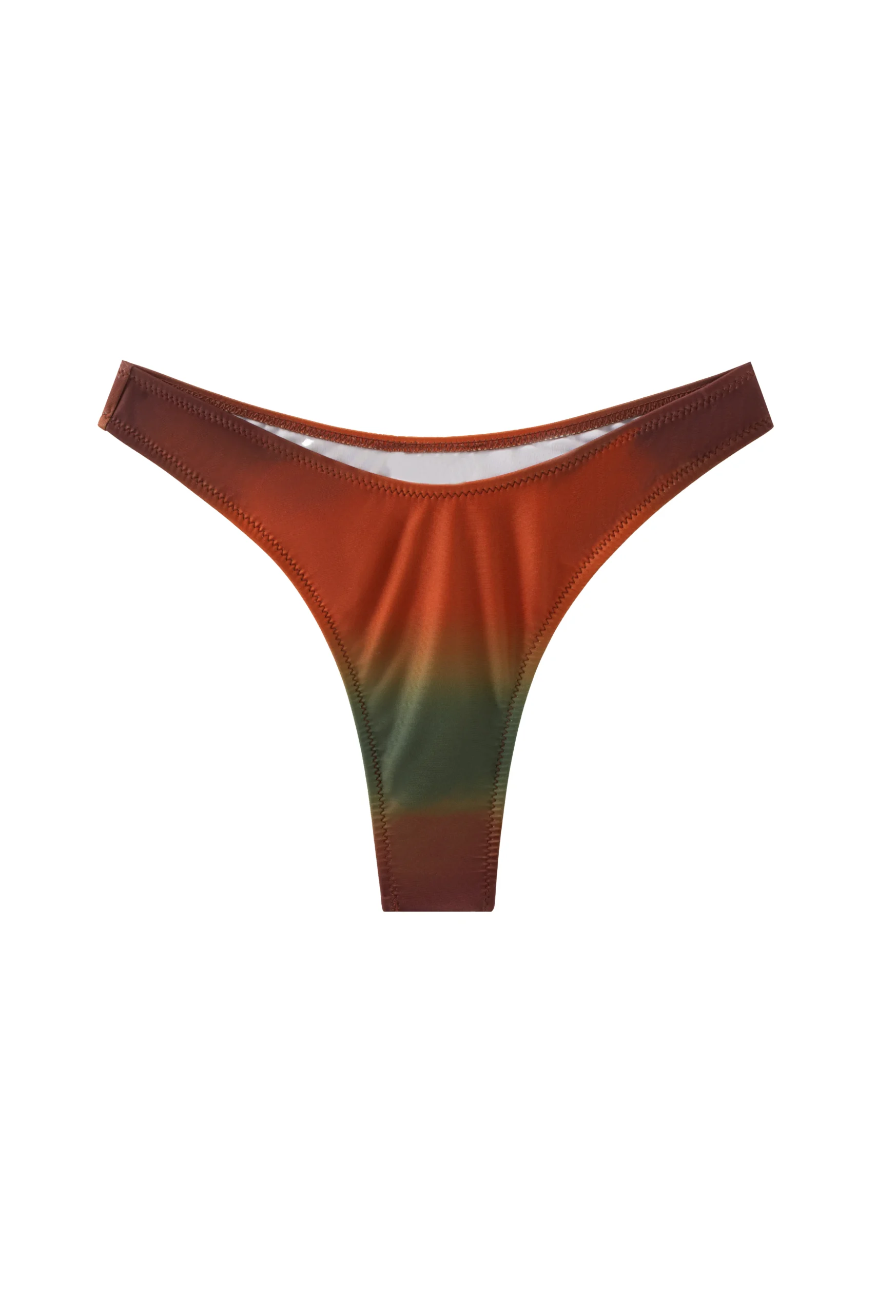 Front flat-lay of a high-cut ombre bikini bottom in rust, orange, and olive gradients with zigzag seams.