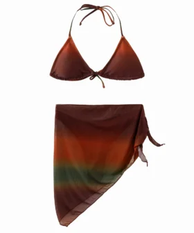Front flat-lay of the earthy ombre 3-piece bikini set with the triangle top and sheer sarong skirt.
