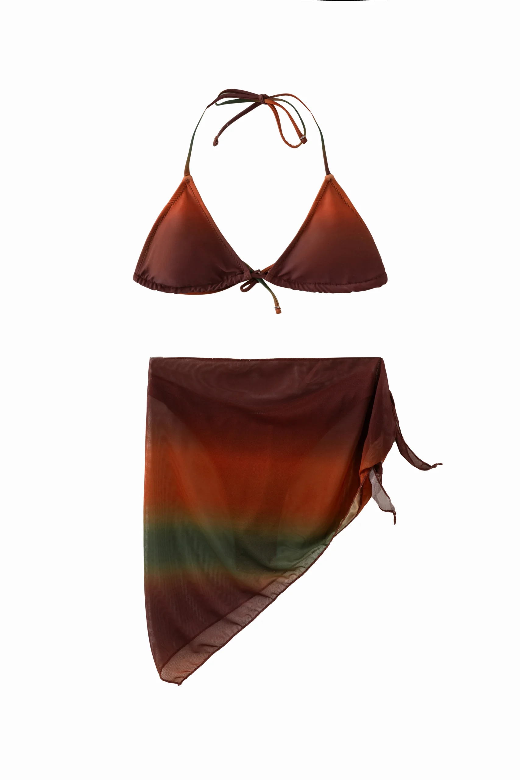 Front flat-lay of the earthy ombre 3-piece bikini set with the triangle top and sheer sarong skirt.