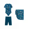 Front flat-lay view of the abstract print cover-up featuring a V-neck and side ties, paired with the matching bikini bottoms.