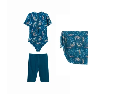 Front flat-lay view of the abstract print cover-up featuring a V-neck and side ties, paired with the matching bikini bottoms.