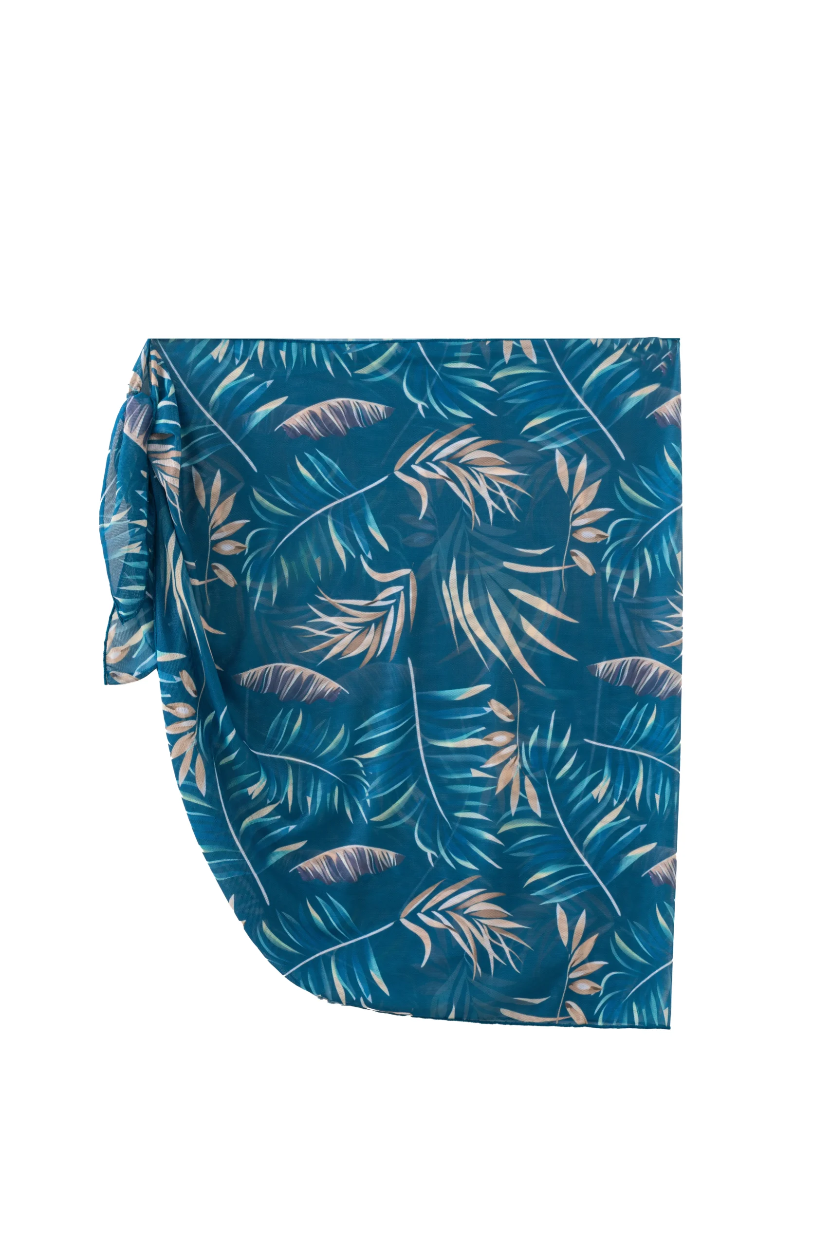 Flat-lay of a teal tropical print onesie with a back zipper, paired with solid teal swim shorts and a matching patterned side-tie sarong skirt.