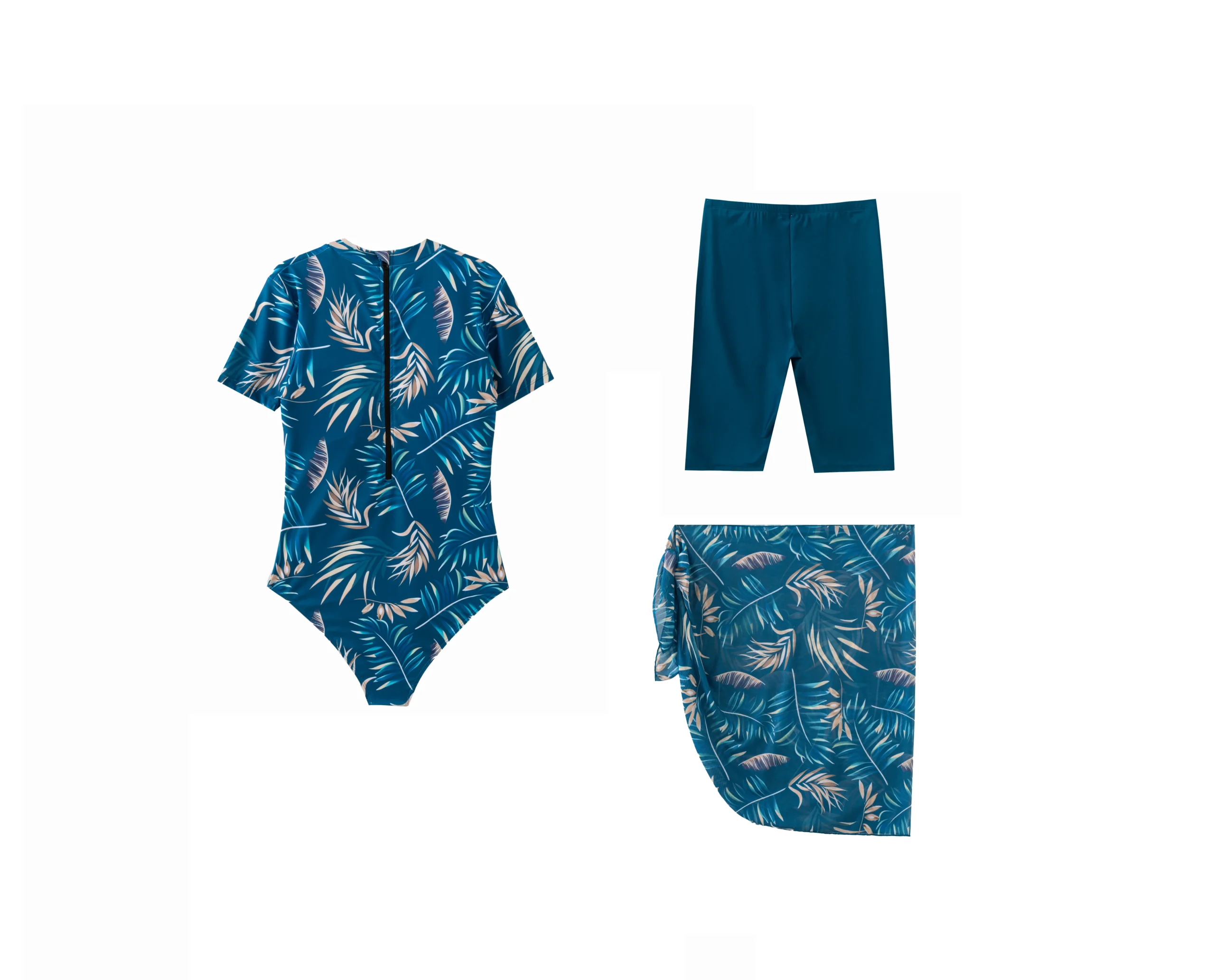 Front flat-lay of the teal tropical leaf print side-tie sarong skirt.