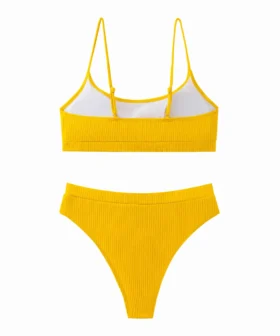 Bright yellow ribbed two-piece bikini set with thin straps and white inner lining, isolated on white background.