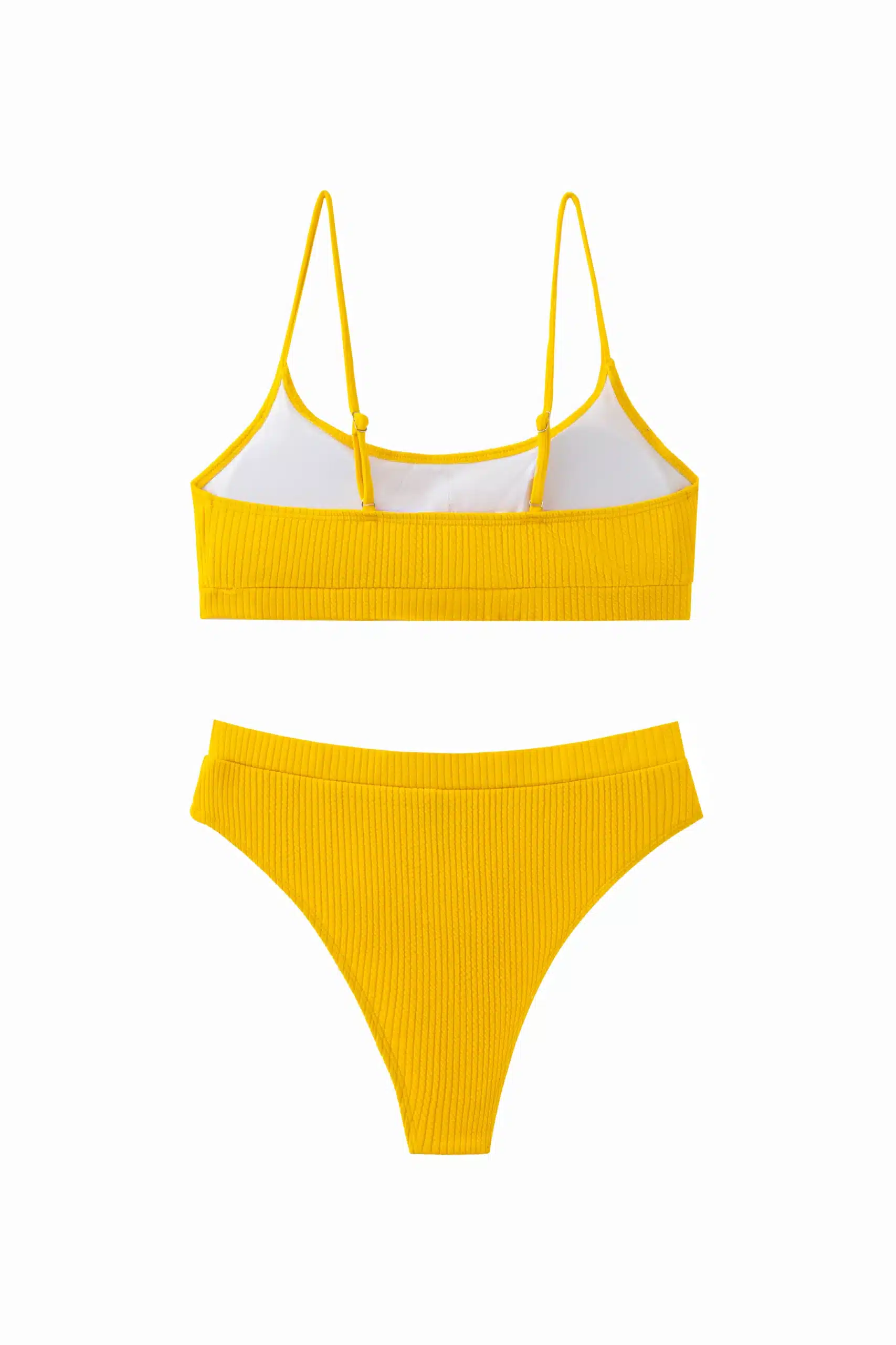 Bright yellow ribbed two-piece bikini set with thin straps and white inner lining, isolated on white background.